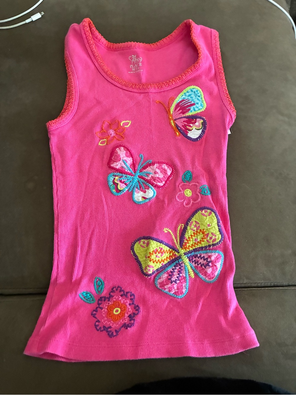 Girls' Bright Pink Butterfly Embroidered Crop Tank Top